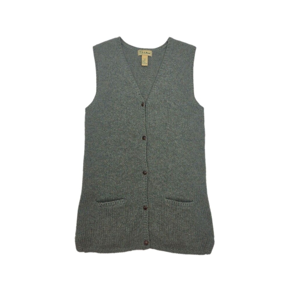 LL Bean Sweater Vest 100% Wool Women Sz Medium Green Button Long Pockets Vintage
